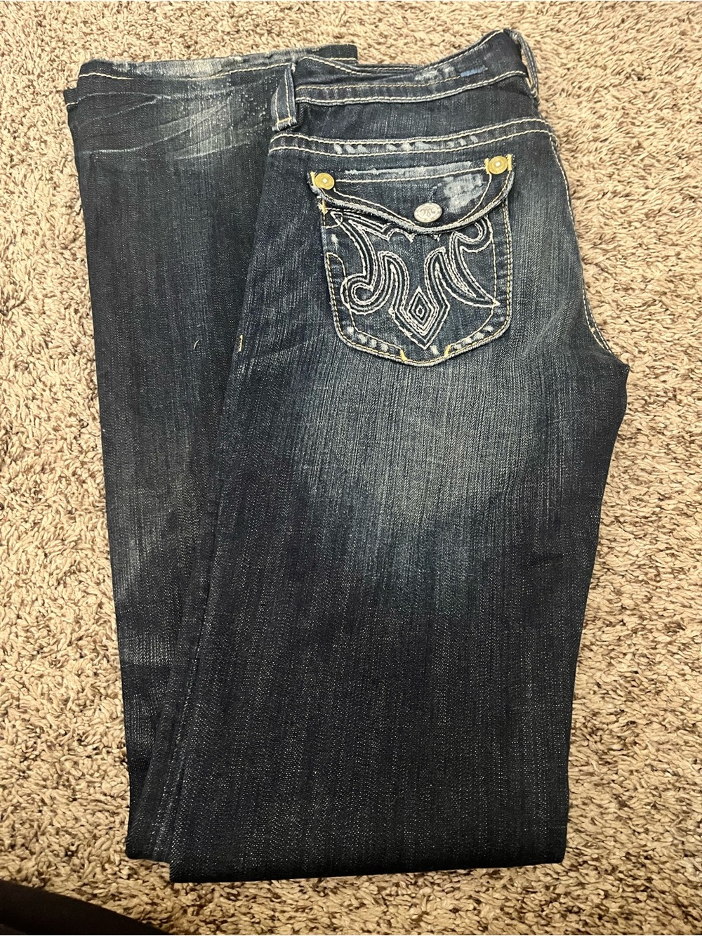 Boot-Cut Dark Blue Embroidered Pocket Jeans